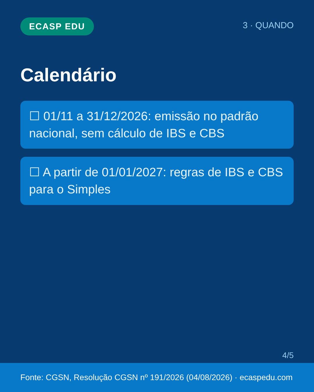 Calendário: de 01/11 a 31/12/2026 sem cálculo de IBS e CBS; a partir de 01/01/2027, aplicam-se as regras de IBS e CBS para o Simples.