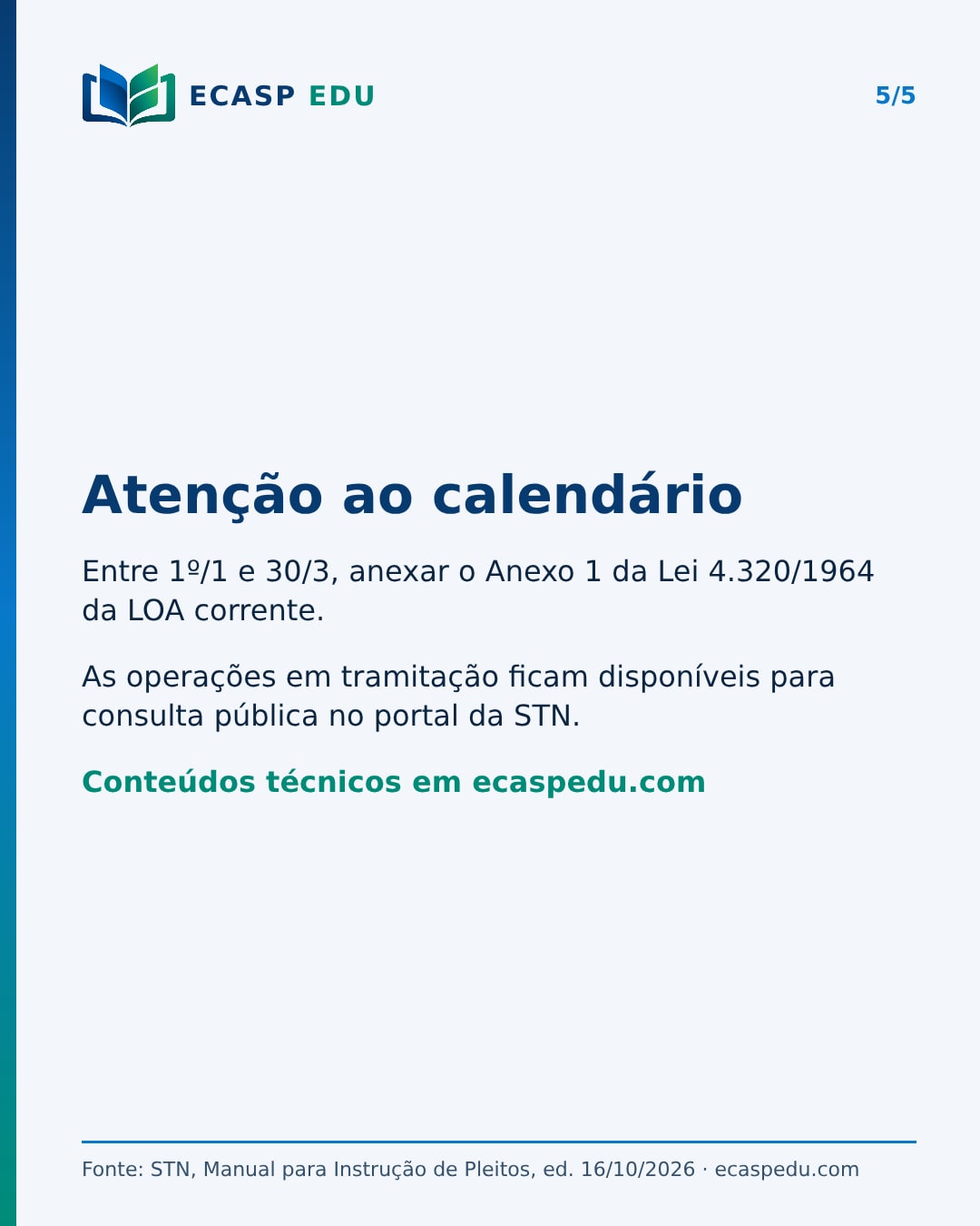 Calendário: entre 1º/1 e 30/3, anexar o Anexo 1 da Lei 4.320/1964 da LOA corrente; consulta pública das operações no portal da STN.